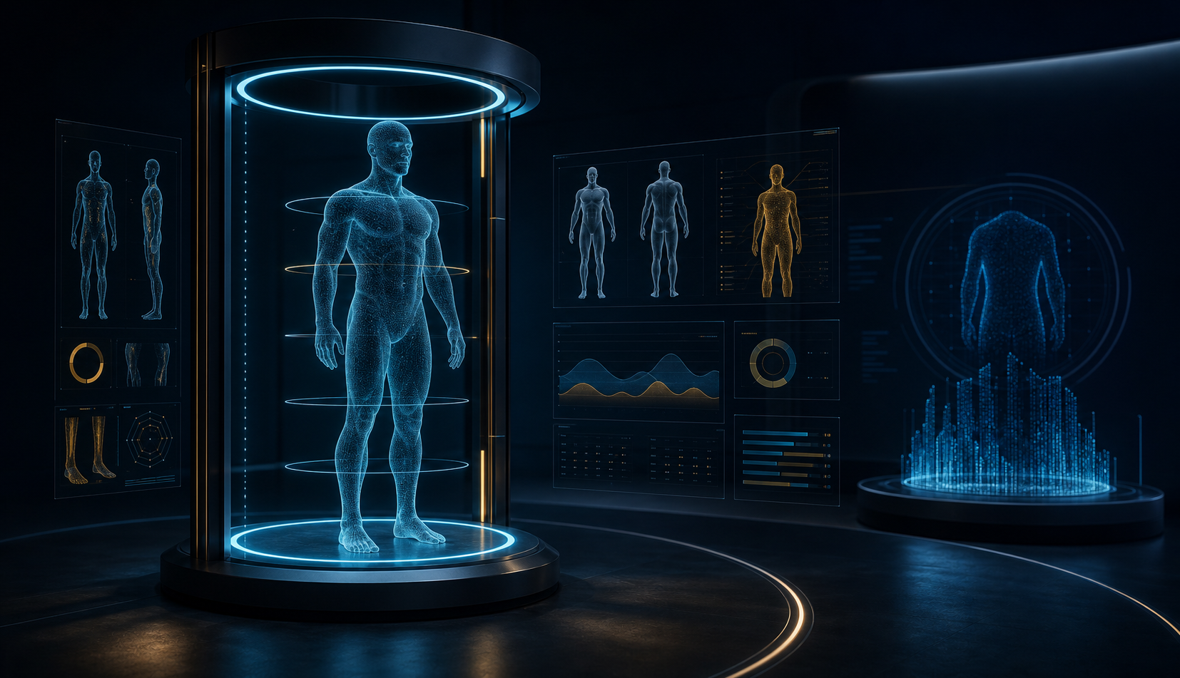 Digital Twin corporal em scanner 3D com painéis de análise LifeCare
