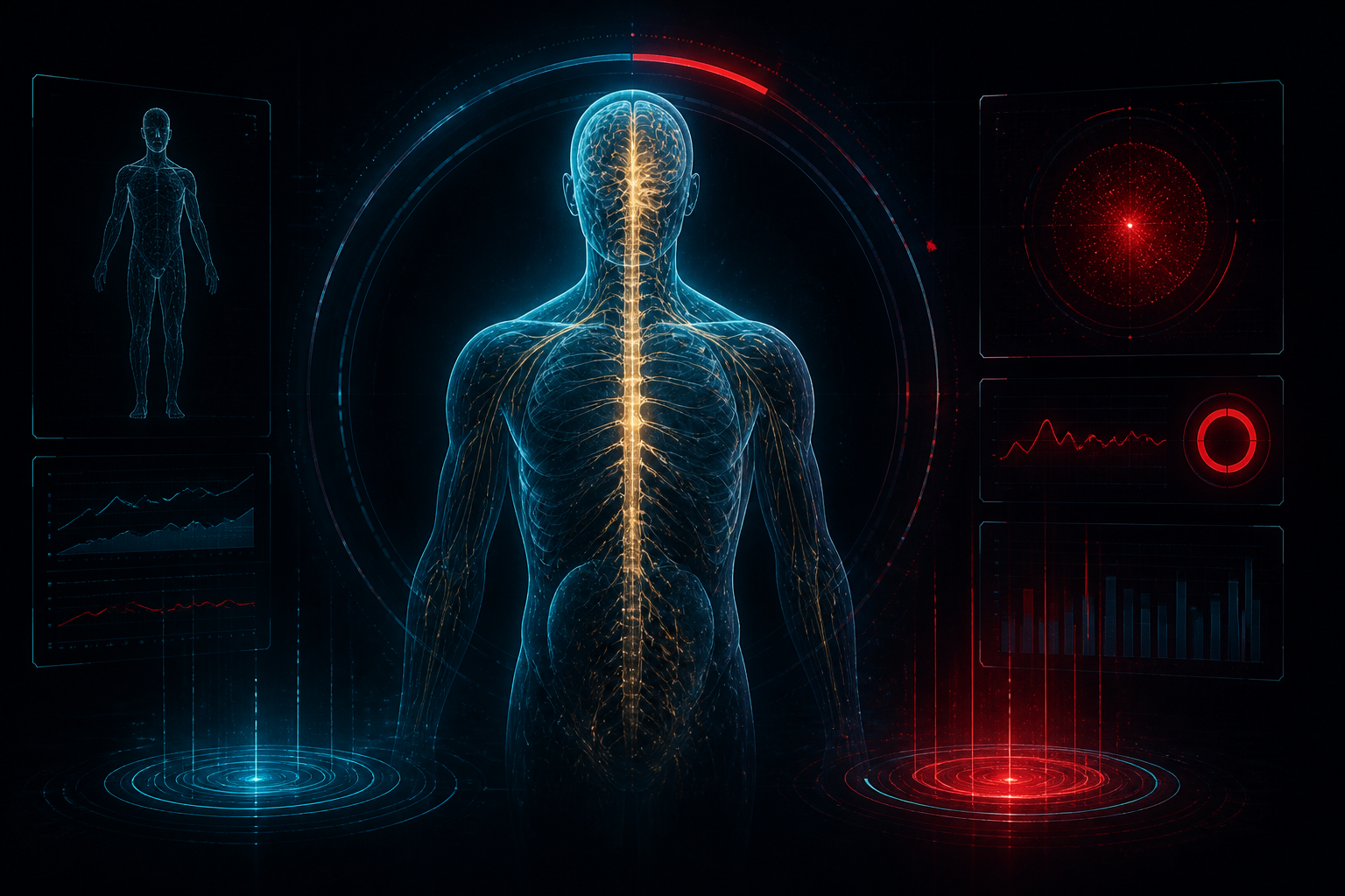 Scan biométrico metabólico com alertas clínicos em ciano e vermelho